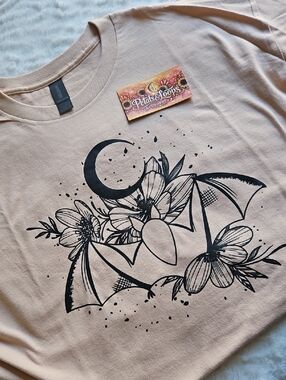 Gildan Beige Short Sleeve Tee with Black Floral Bat Graphic